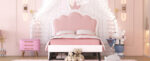 Twin cushion princess bed with crown headboard and 2 drawers with headboard and footrest, pink+white - imagine 6