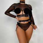 Complex Strap Halter Waistband Mesh Long Sleeve Sexy Women's Four-Piece Set - imagine 3