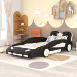 Twin Size Race Car-Shaped Platform Bed with Wheels, Black - imagine 9