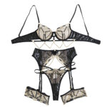 Splicing metal chain hollow out lingerie four piece set