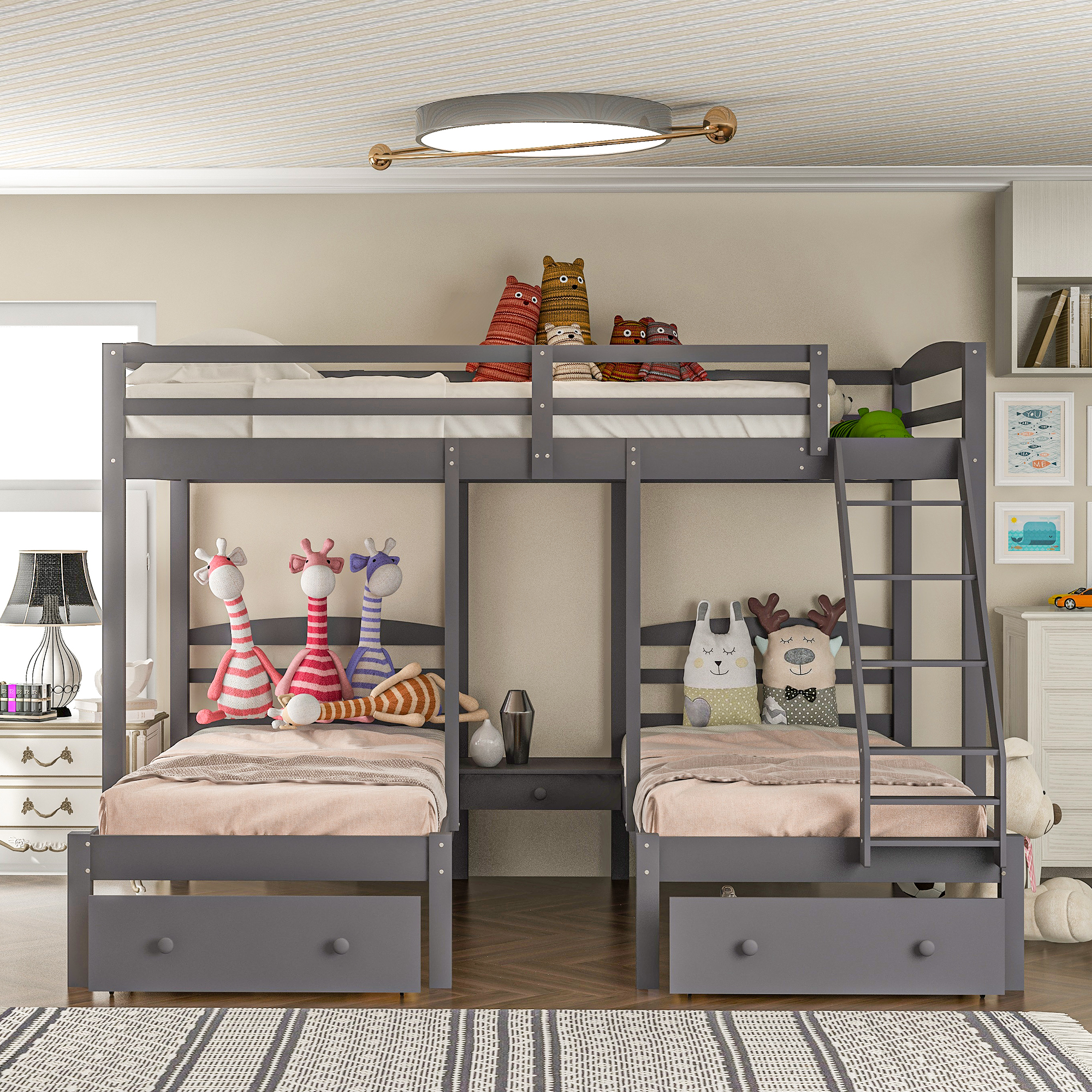 558112978 Full over Twin & Twin Bunk Bed,Triple Bunk Bed with Drawers, Gray - imagine 1