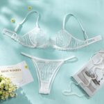Shell Lace Bra Set - Ultra-thin Mesh Embroidered Underwire Gathered Sexy Deep U Transparent Bra Suit - imagine 5