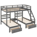 Full over Twin & Twin Bunk Bed,Triple Bunk Bed with Drawers, Gray - imagine 8