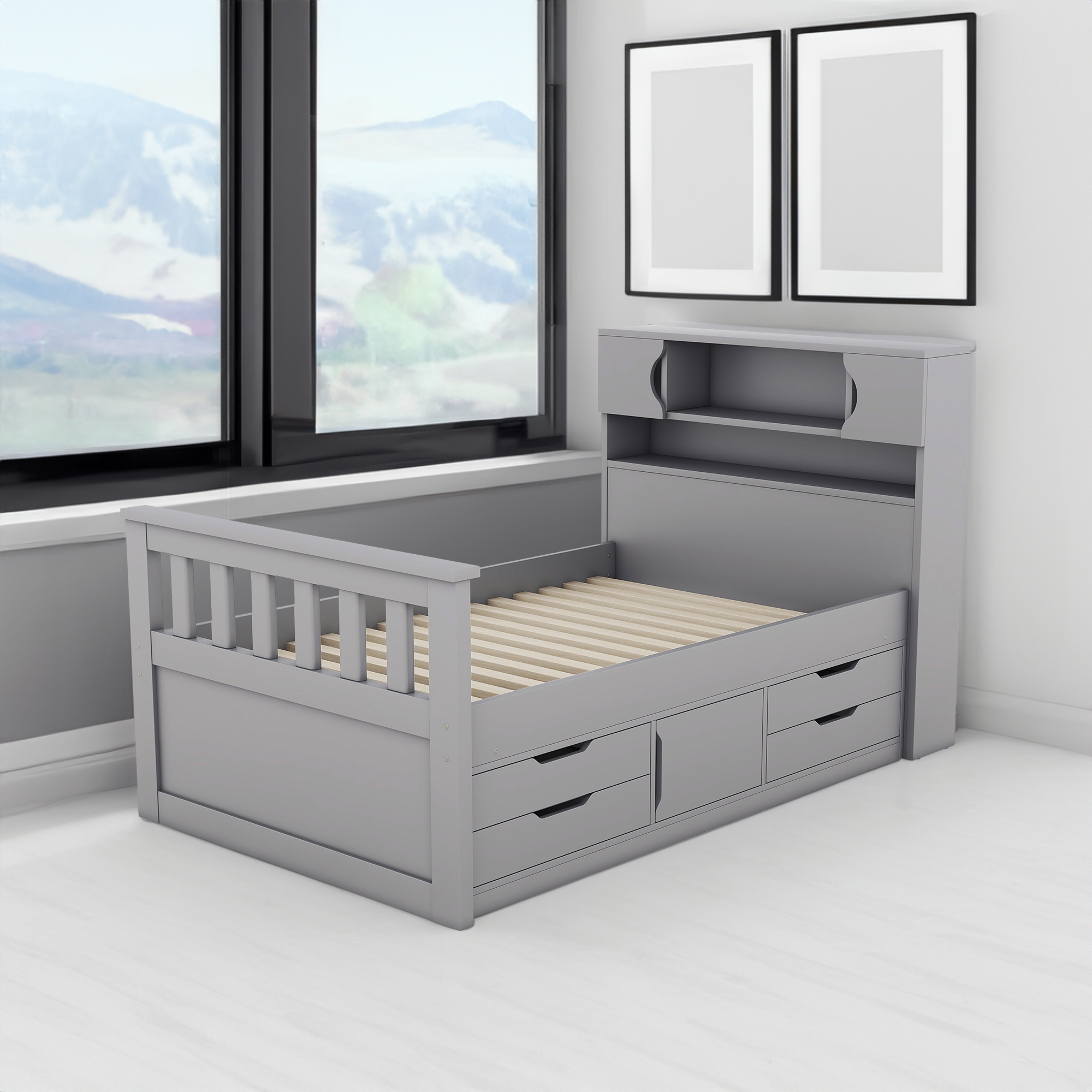 558113318 Twin Size Captain Platform Bed Frame with Storage Bookcases and Shelves,Four Drawers, Gray - imagine 1