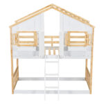 Twin over Twin House Bunk Bed with Roof , Window, Window Box, Door , with Safety Guardrails and Ladder, Natural/White - imagine 14