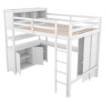 Wood Loft Bed with Cabinet and Bookshelf, Full Size Loft with Wardrobe and Desk for Kids,White - imagine 3