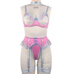 Embroidered flower with steel ring bra garter belt leg circumference thong lingerie four piece set - imagine 6
