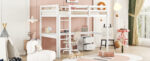 Twin Loft Wood Bed with Under-bed, Built-in Desk, a Storage Cabinet of 2 Drawers, Guardrails, Ladder,White - imagine 3