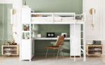 Wood Loft Bed with Cabinet and Bookshelf, Full Size Loft with Wardrobe and Desk for Kids,White - imagine 10