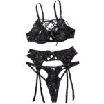 PU leather sexy gathering bra set with hollowed out backless sexy lingerie and underwear three piece set