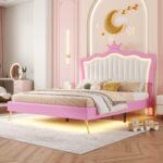 Full Size Upholstered Bed Frame with LED Lights, Modern Upholstered Princess Bed with Crown Headboard, Pink+White - imagine 12