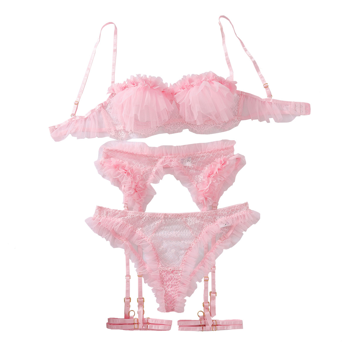558092610 Ear fungus edge mesh lace hollow perspective sexy lingerie four piece set - imagine 1