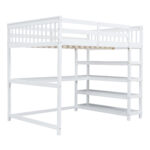 Full Size Loft Bed with Storage Shelves and Under-bed Desk White - imagine 7