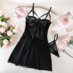 Sexy Satin Bow See-Through Elastic Mesh Plunging Chest Exposed Lingerie Temptation Lace Dress - imagine 6