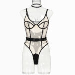 High elasticity mesh contrasting color bandage tight fitting perspective lingerie suspender jumpsuit - imagine 4