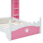 Castle-Shaped Wooden Bed with Storage Shelf, Dreamy Twin Size Platform Bed for Kids Bedroom, Pink+ White - imagine 9