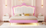 Full Size Upholstered Bed Frame with LED Lights, Modern Upholstered Princess Bed with Crown Headboard, Pink+White - imagine 17