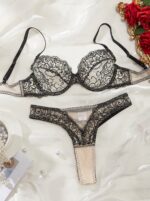 Embroidered patchwork mesh sexy bra with contrasting color design sexy lingerie two-piece set - imagine 5