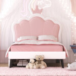 Twin cushion princess bed with crown headboard and 2 drawers with headboard and footrest, pink+white - imagine 8