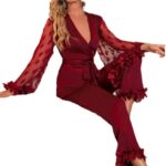 Sexy Satin Lace Heart Trumpet Sleeve Pajama Long Pants Set - imagine 5