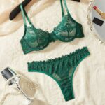 Green Women's Underwear Ultra-thin Transparent Lace Bra Sexy Steel Ring Gathered Thin Bra Set - imagine 2