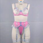 Embroidered flower with steel ring bra garter belt leg circumference thong lingerie four piece set - imagine 5