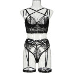 Sexy cross hollow embroidery body shaping diamond chain fun lingerie four piece set for women - imagine 5