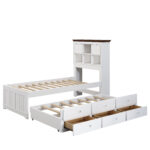 Solid Pine Captain Bookcase Bed with Trundle Bed and 3 Spacious Under Bed Drawers in Casual,Twin, White+Walnut - imagine 4