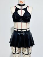 Lace Sexy Lingerie Set Bra Set Solid Color Leather Skirt with Fishnet Stockings Women's - imagine 6