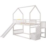 Twin over Twin House Bunk Bed with Convertible Slide,Storage Staircase,White - imagine 6