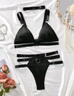 Cross-border Hot Selling Separated Bikini Milk Silk Set V-neck Gathered Metal Accessories Erotic Lingerie - imagine 6