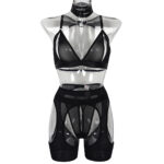Solid color splicing mesh underwear perspective hollow out fun four piece set - imagine 5