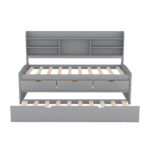 Twin Size Wooden Captain Bed with Built-in Bookshelves,Three Storage Drawers and Trundle Light Grey - imagine 9