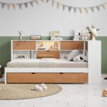 L-shaped bed frame with luggage and bookshelf, corner bed wooden captain's bed LED tube light and USB port walnut and white - imagine 2