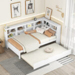 Wooden Twin Size DayBed with Twin Trundle, DayBed with Storage Shelf and USB Charging Ports,White - imagine 7