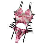 Sexy Deep V Body Shaping Perspective Flower Embroidered Underwear Sock Belt Two Piece Set