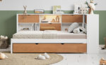 L-shaped bed frame with luggage and bookshelf, corner bed wooden captain's bed LED tube light and USB port walnut and white - imagine 14