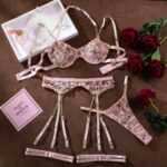 Embroidered Floral Sheer Sexy Chain Bra Set - imagine 6