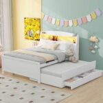 Full Size Platform Bed with Storage LED Headboard  Twin Size Trundle and 3 Drawers White - imagine 14