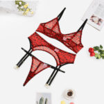 Leopard print mesh sexy lingerie gloves garter belt set