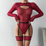 Elastic Mesh See-Through Color Block Outerwear Long Sleeve with Strap Jumpsuit Lingerie Three-Piece Set