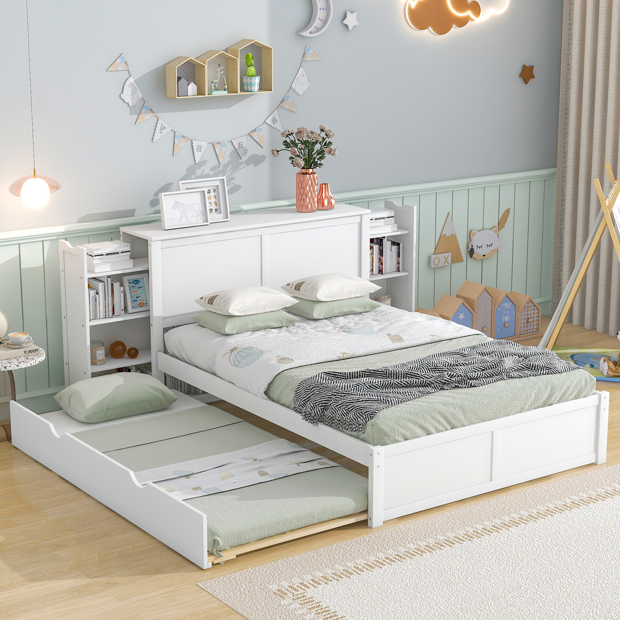 558113455 Full Size Storage Platform Bed with Pull Out Shelves and Twin Size Trundle, White - imagine 1