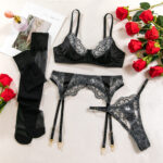 Heavy Embroidery Sexy Hollow-out Transparent Splicing Lingerie Set with Stockings for Women - imagine 6