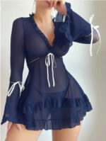 Sexy Mesh Sheer Long Sleeve Ruffle Hem Nightgown Set - imagine 8