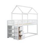 TWIN/TWIN HOUSE BUNK BED WITH SHELVES AND DRAWERS FOR WHITE COLOR - imagine 3