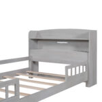 Wood Twin Size Platform Bed with Built-in LED Light Storage Headboard and Guardrail Antique Grey - imagine 12