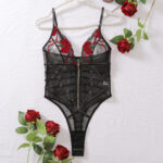 Lace mesh transparent V-neck seductive suspender jumpsuit - imagine 5