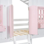 Twin over Twin House Bunk Bed with Roof , Window, Window Box, Door , with Safety Guardrails and Ladder, Pink/White - imagine 12