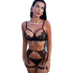 Cross-border  Sexy Lingerie Temptation Set Seductive French Eyelash Lace Hollow-out Bra Garter Belt Four-piece Set