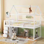 TWIN/TWIN HOUSE BUNK BED WITH SHELVES AND DRAWERS FOR WHITE COLOR - imagine 7